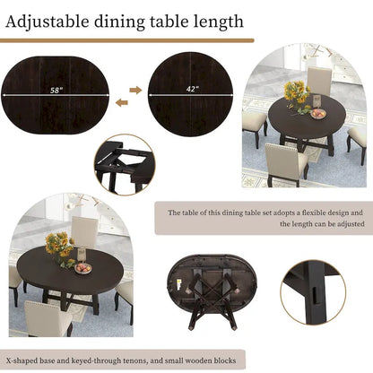 5-Piece Wooden Dining Table Set with Extendable Round Table & 4 Chairs