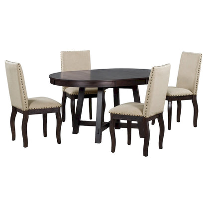 5-Piece Wooden Dining Table Set with Extendable Round Table & 4 Chairs