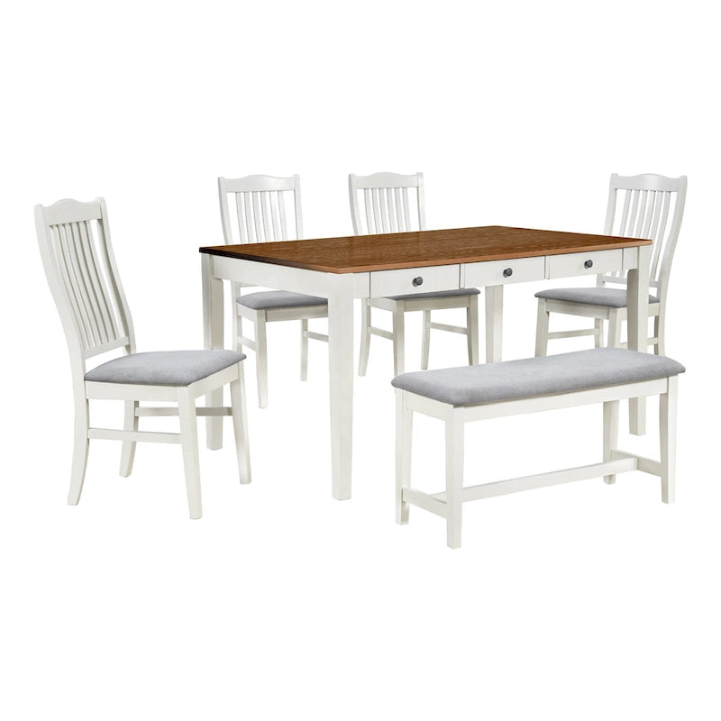 6-Piece Wooden Dining Table Set with 4 Chairs & Bench, Table with Drawer