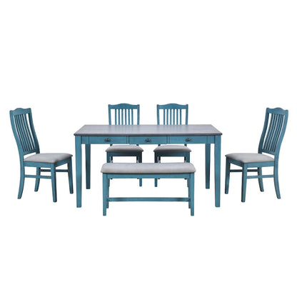 6-Piece Wooden Dining Table Set with 4 Chairs & Bench, Table with Drawer