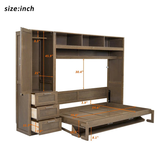 Wood Full Size Murphy Bed with Wardrobe, Drawers & Shelves