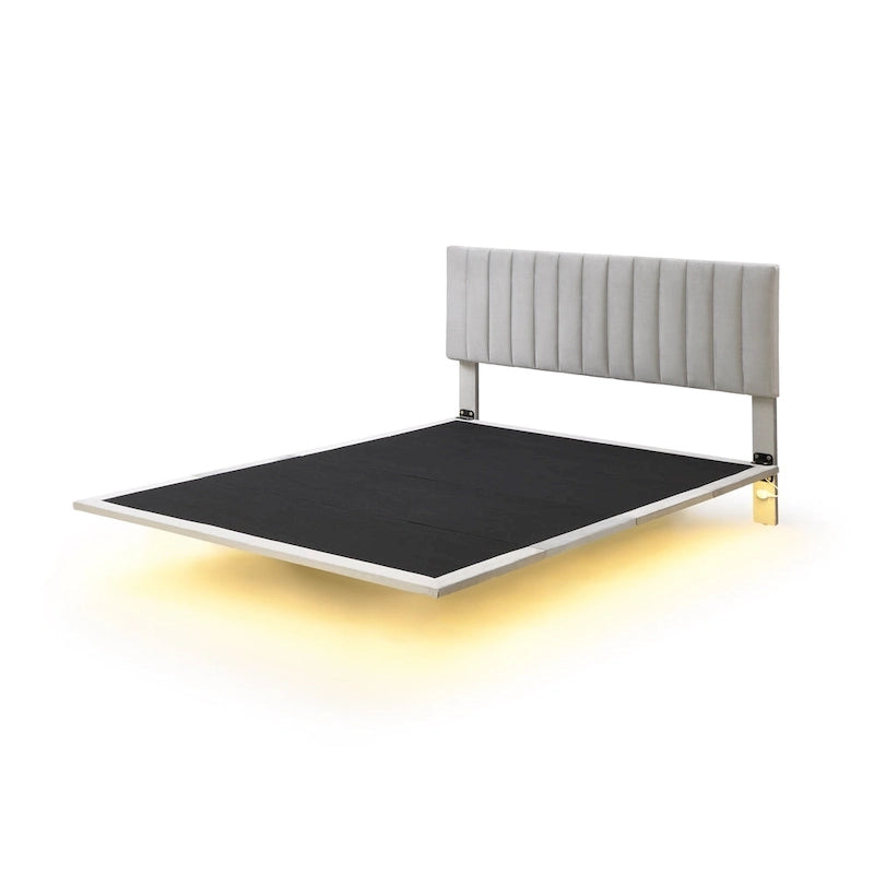 Queen Velvet Floating Bed with Sensor Light and Tufted Headboard