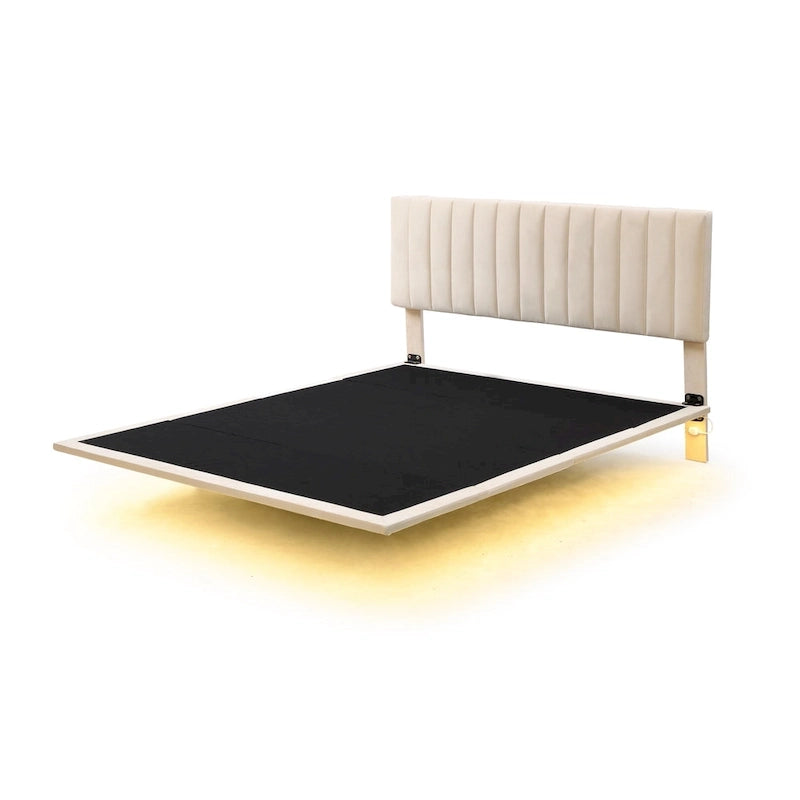 Queen Velvet Floating Bed with Sensor Light and Tufted Headboard