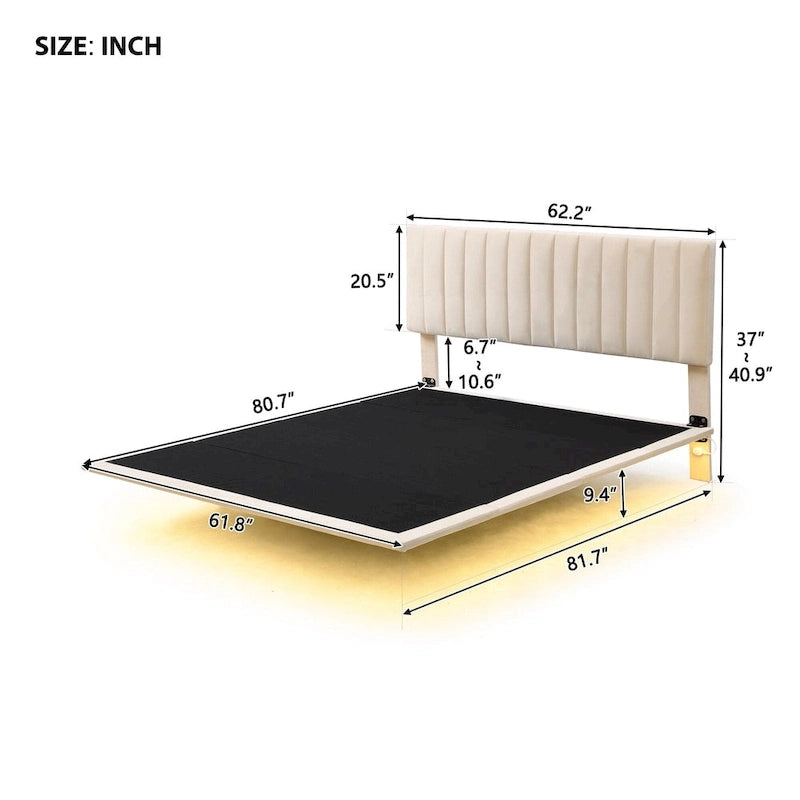 Queen Velvet Floating Bed with Sensor Light and Tufted Headboard