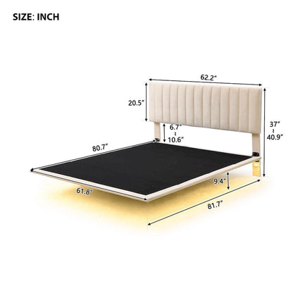 Queen Velvet Floating Bed with Sensor Light and Tufted Headboard