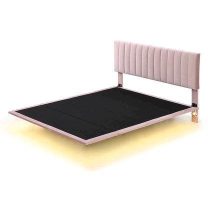 Queen Velvet Floating Bed with Sensor Light and Tufted Headboard