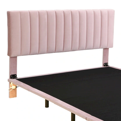 Queen Velvet Floating Bed with Sensor Light and Tufted Headboard