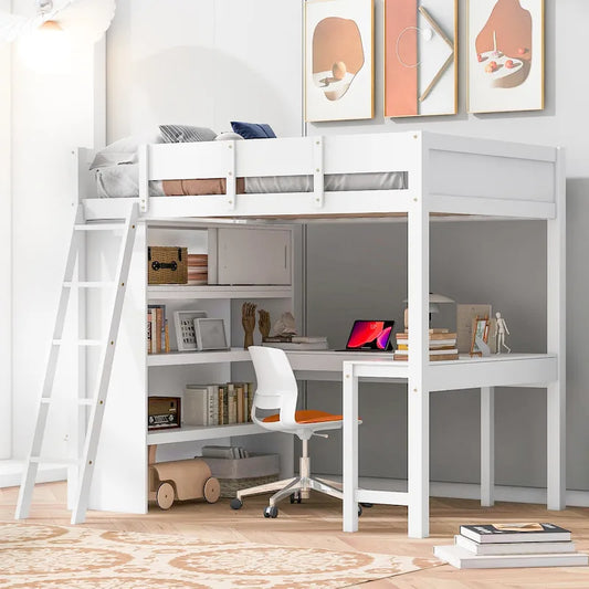 Full Size Solid Wood Loft Bed with Desk and Shelf for Kids