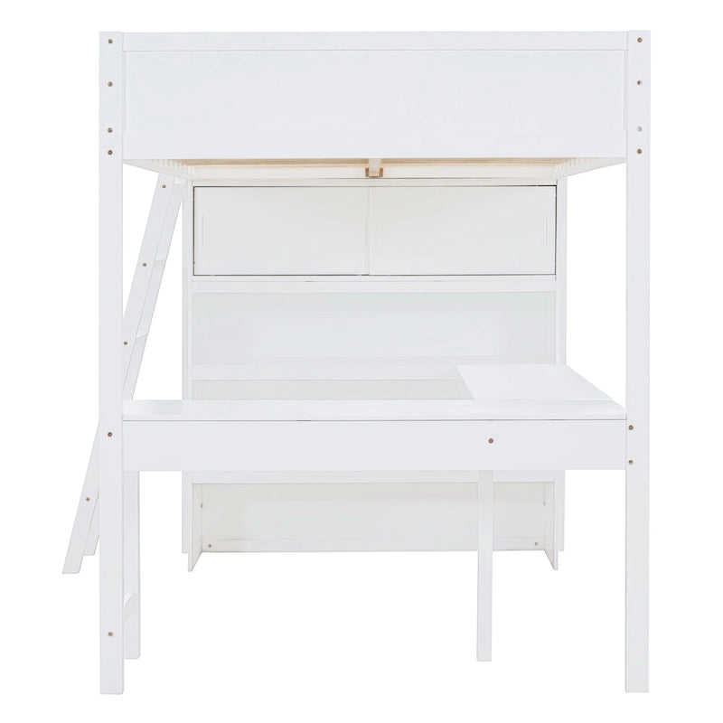 Full Size Solid Wood Loft Bed with Desk and Shelf for Kids