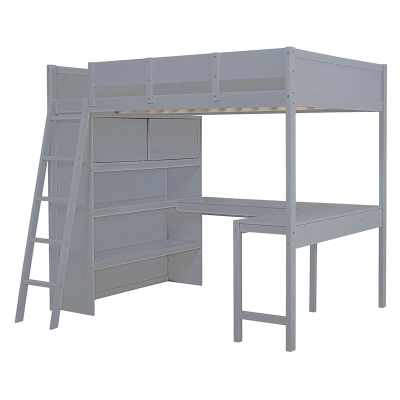 Full Size Solid Wood Loft Bed with Desk and Shelf for Kids