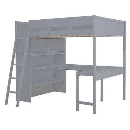 Full Size Solid Wood Loft Bed with Desk and Shelf for Kids
