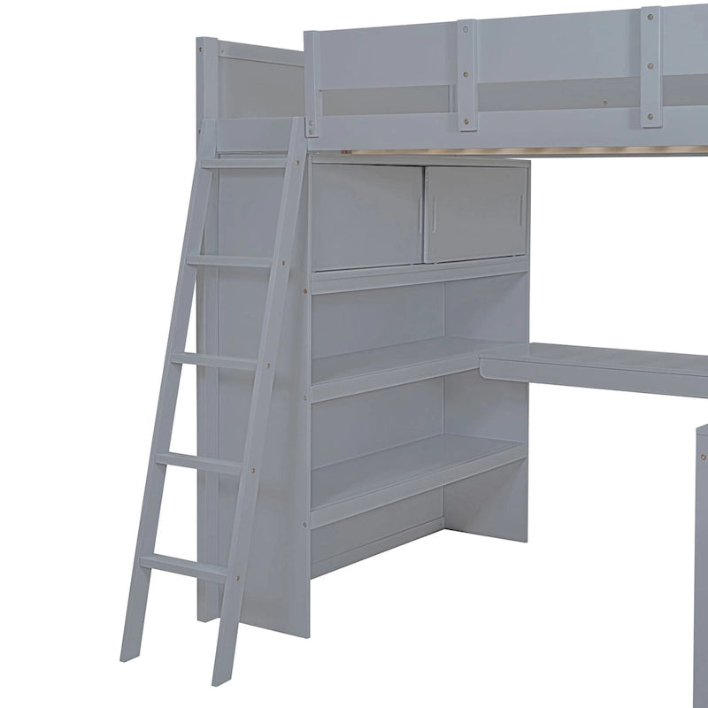 Full Size Solid Wood Loft Bed with Desk and Shelf for Kids