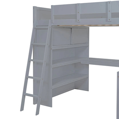 Full Size Solid Wood Loft Bed with Desk and Shelf for Kids