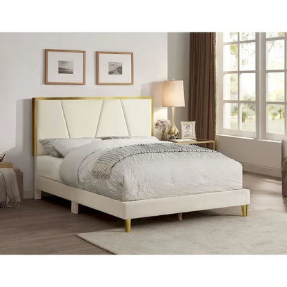 DH BASIC Glam Beige Fully Upholstered Platform Bed with Gold-tone Accents by Denhour