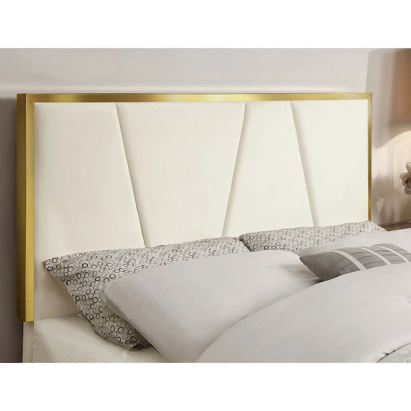 DH BASIC Glam Beige Fully Upholstered Platform Bed with Gold-tone Accents by Denhour
