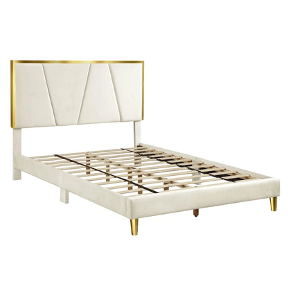 DH BASIC Glam Beige Fully Upholstered Platform Bed with Gold-tone Accents by Denhour