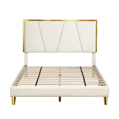 DH BASIC Glam Beige Fully Upholstered Platform Bed with Gold-tone Accents by Denhour