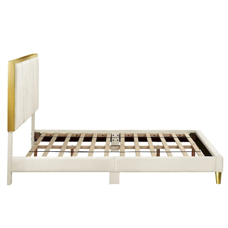 DH BASIC Glam Beige Fully Upholstered Platform Bed with Gold-tone Accents by Denhour