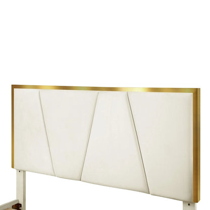 DH BASIC Glam Beige Fully Upholstered Platform Bed with Gold-tone Accents by Denhour