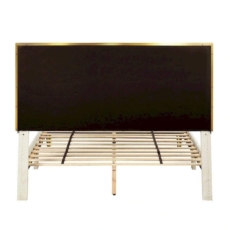DH BASIC Glam Beige Fully Upholstered Platform Bed with Gold-tone Accents by Denhour