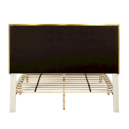 DH BASIC Glam Beige Fully Upholstered Platform Bed with Gold-tone Accents by Denhour
