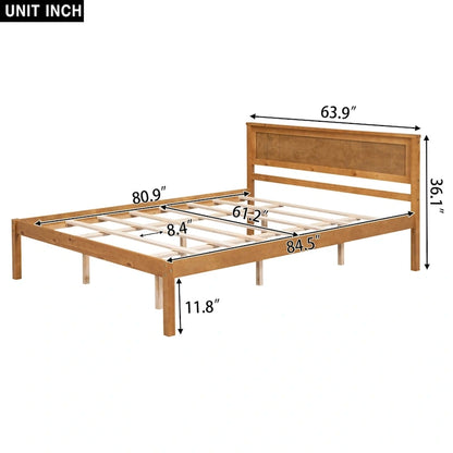 Oak Platform Bed Frame with Headboard, Wood Slat Support