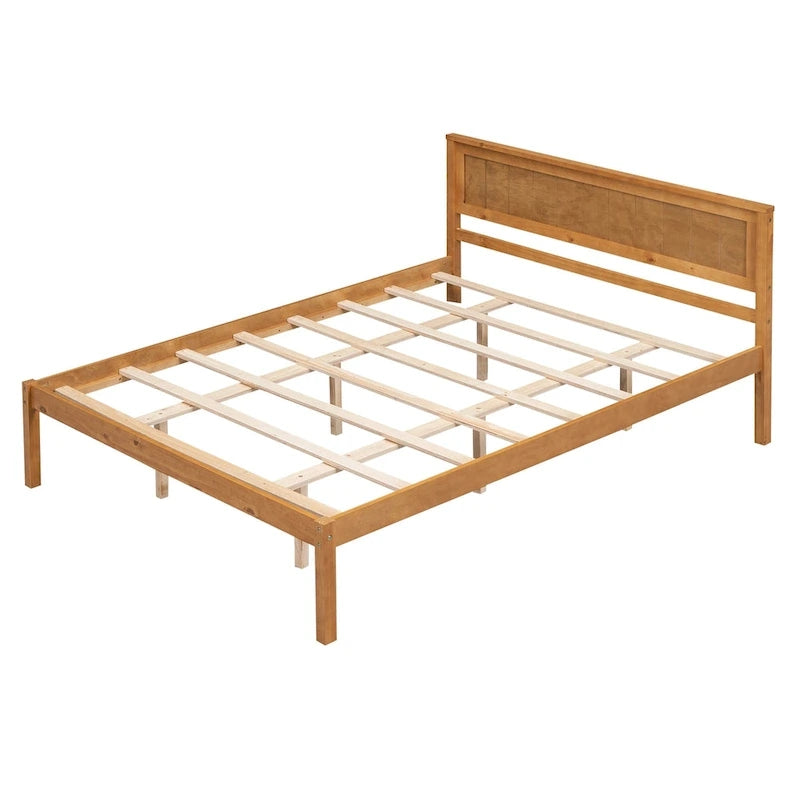 Oak Platform Bed Frame with Headboard, Wood Slat Support