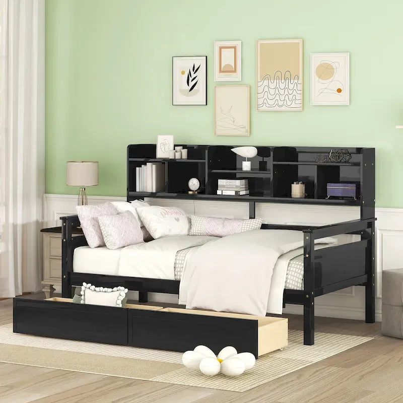 Twin Size Wood Daybed with Shelves and Drawers