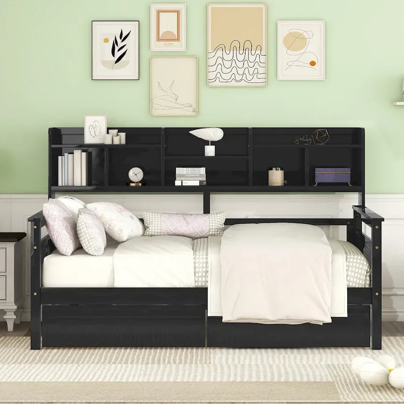 Twin Size Wood Daybed with Shelves and Drawers
