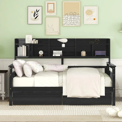 Twin Size Wood Daybed with Shelves and Drawers