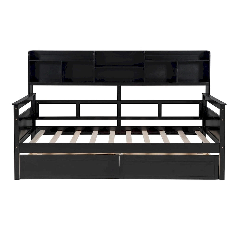 Twin Size Wood Daybed with Shelves and Drawers