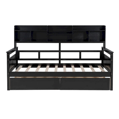 Twin Size Wood Daybed with Shelves and Drawers