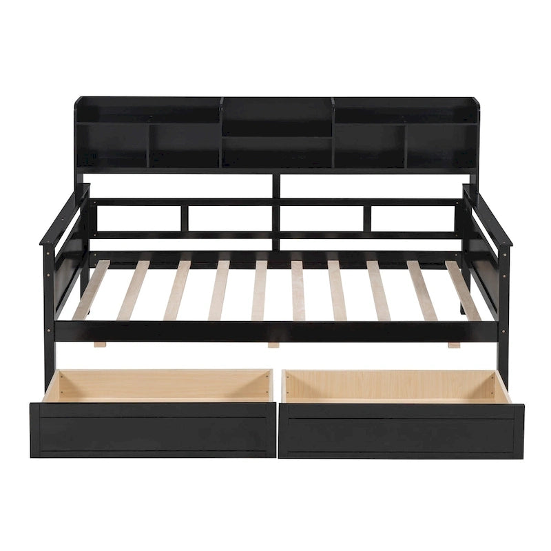 Twin Size Wood Daybed with Shelves and Drawers