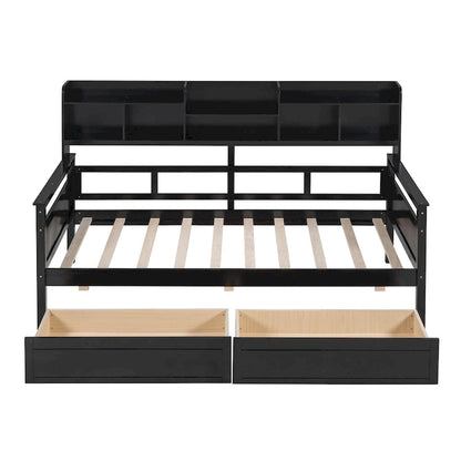 Twin Size Wood Daybed with Shelves and Drawers