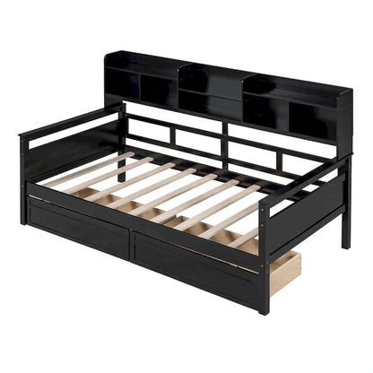 Twin Size Wood Daybed with Shelves and Drawers