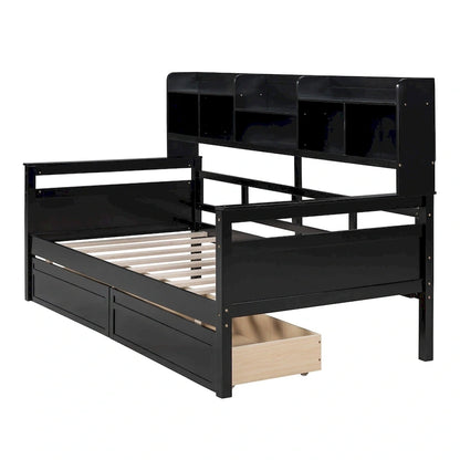 Twin Size Wood Daybed with Shelves and Drawers