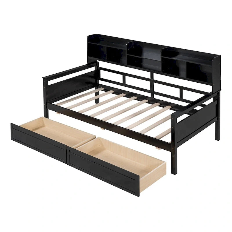 Twin Size Wood Daybed with Shelves and Drawers