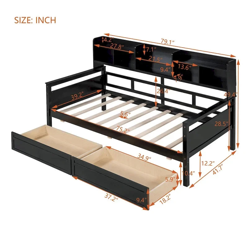 Twin Size Wood Daybed with Shelves and Drawers