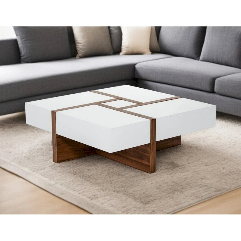 Modern White and Walnut Square Coffee Table with Storage