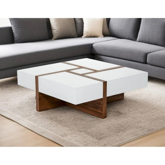Modern White and Walnut Square Coffee Table with Storage