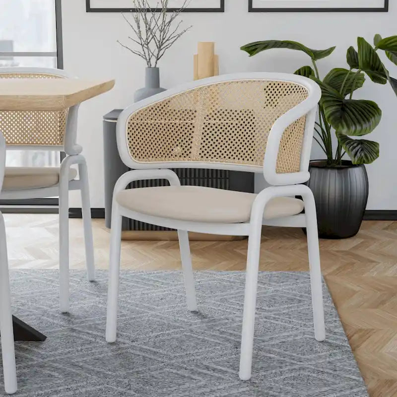 Ervilla Modern Stylish Side Chair with Rattan Back and White Steel Legs for Dining Room & Kitchen