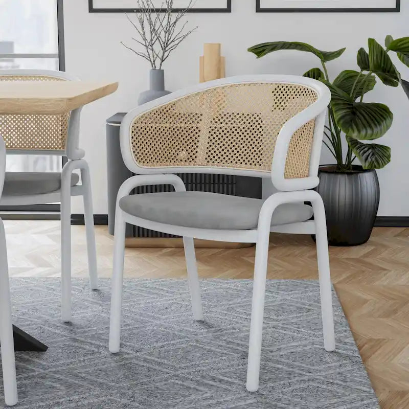Ervilla Modern Stylish Side Chair with Rattan Back and White Steel Legs for Dining Room & Kitchen
