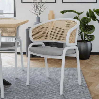 Ervilla Modern Stylish Side Chair with Rattan Back and White Steel Legs for Dining Room & Kitchen