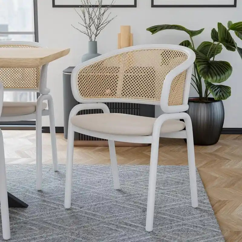 Ervilla Modern Stylish Side Chair with Rattan Back and White Steel Legs for Dining Room & Kitchen