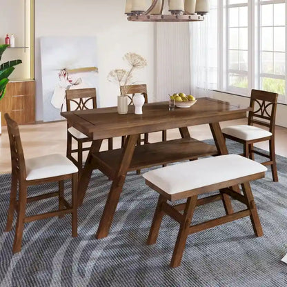 6-Piece Wood Counter Height Dining Table Set with Storage Shelf