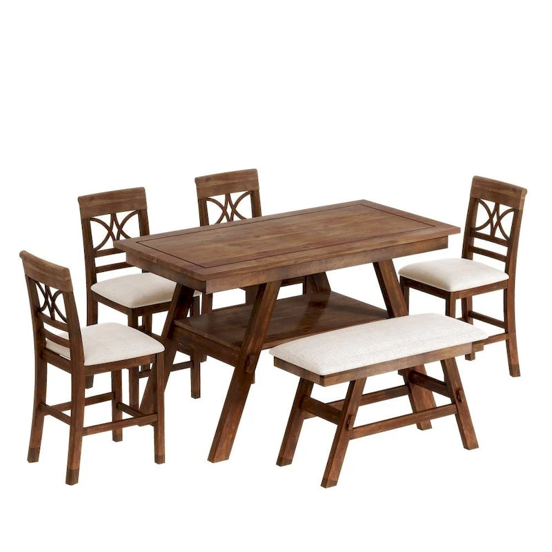 6-Piece Wood Counter Height Dining Table Set with Storage Shelf