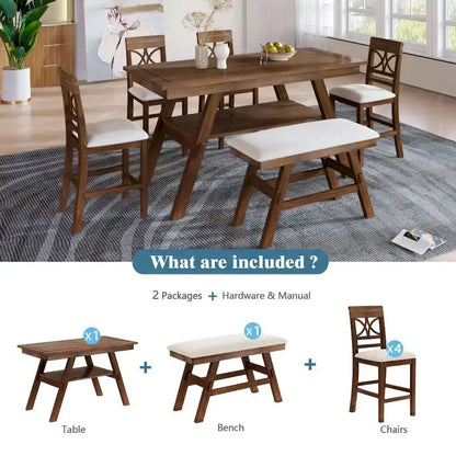 6-Piece Wood Counter Height Dining Table Set with Storage Shelf