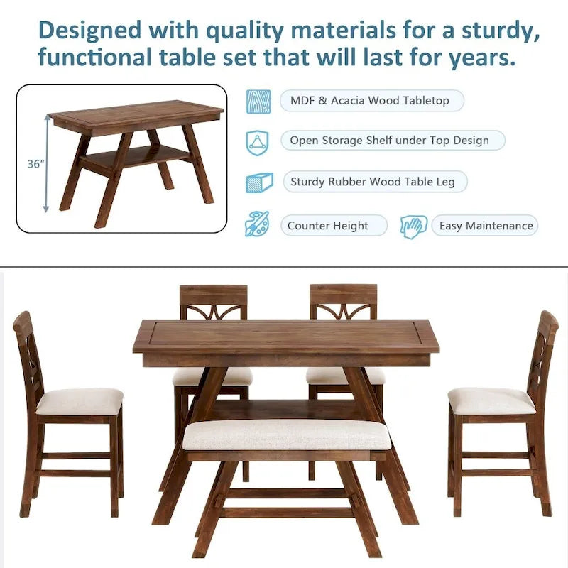 6-Piece Wood Counter Height Dining Table Set with Storage Shelf