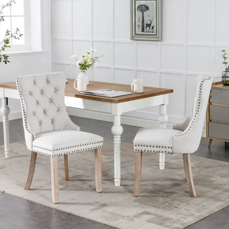 Tufted Upholstered Linen Dining Chair with Solid Wood Legs, Set of 2