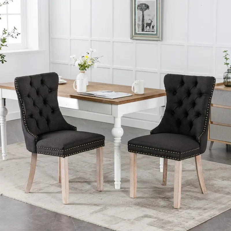 Tufted Upholstered Linen Dining Chair with Solid Wood Legs, Set of 2